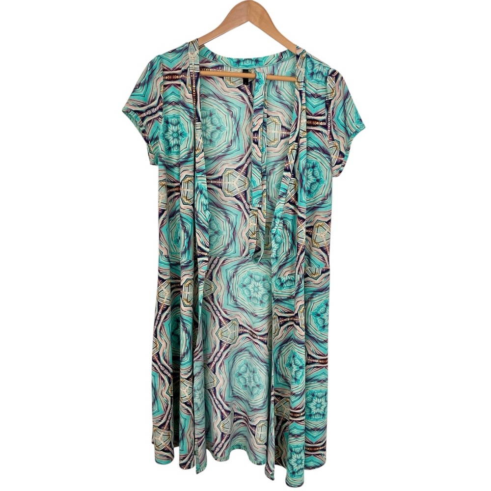 Lapis Teal Open Front Duster Cardigan Large Kaleidoscope Geometric Boho 70s
